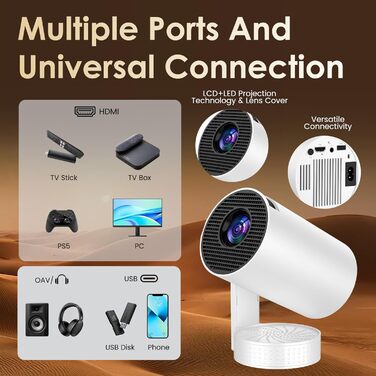 Портативний проєктор Mini Beamer 4K/1080p з Wi-Fi 6, Bluetooth 5.4, Android 13.0. Короткий фокус, поворот 270°, авто-корекція трапецеїдальних спотворень. Підтримка HDMI, TV Stick, Laptop, Memory Stick