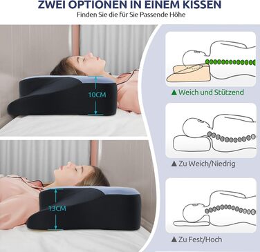 Подушка для шиї DONAMA, подушка для сну з піною з пам'яті, для тих, хто спить на боці, спині та животі, блакитна+чорна, 66×37×13 см