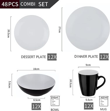 Комбінований сервіс глиняний посуд, Набір посуду vancasso lento з 48 предметів, сучасна їдальня на 12 осіб (біла, з 48 предметів(LENTO))