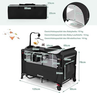 Дитяче ліжко-манеж COSTWAY 120x60 см, 2 рівні, з матрацом, пеленальним столиком, іграшками та музичною шкатулкою, мобільний, регульований, для дітей до 15 кг