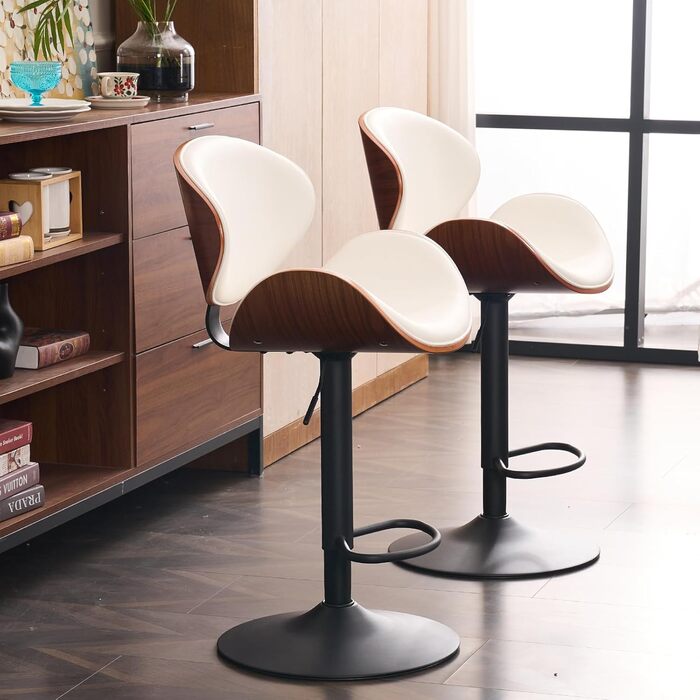 Барний стілець YOUTASTE з вигнутого дерева, 1 шт., 360° обертання, з підлокітником та підніжкою, PU-шкіра, білий