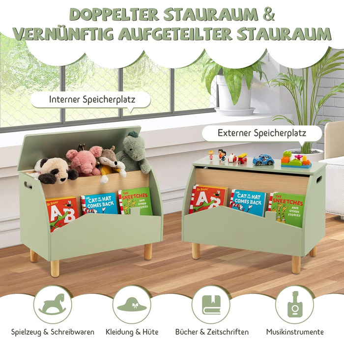 COSTWAY Скринька для іграшок з полицями, дерев'яна іграшковий ящик з кришкою, комод для іграшок, органайзер для дитячої кімнати, 60x30x44 см (Білий, Зелений)