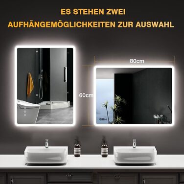 LED дзеркало для ванної кімнати 80x60 см з підсвічуванням, диммування, антизапар, 3 кольори світла, IP44, функція пам'яті, горизонтальне/вертикальне кріплення