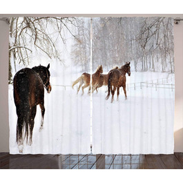 Зимова штора, Коні в засніженому лісі, 280х225 см, білий/коричневий