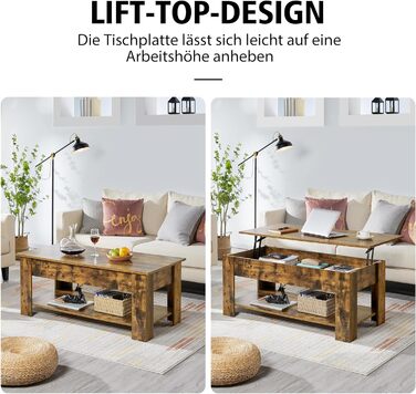 Журнальний столик Yaheetech з регульованою висотою та прихованим місцем для зберігання, колір: іржавий коричневий (120 x 59 x (49,5-63,5) см)