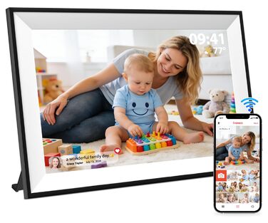 Цифрова фоторамка Frameo 10.1 дюймів WLAN, Full HD IPS сенсорний екран 1280x800, 32GB пам'ять, автоматичний поворот, можливість монтажу на стіну, керування через додаток Frameo (Чорна з білою рамкою)