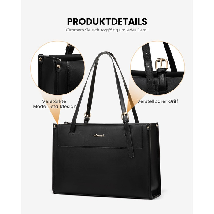 LOVEVOOK Сумка для ноутбука 15.6 дюймів, жіноча, велика, водонепроникна, сумка-шоппер, ділова, з PU шкіри, для офісу, навчання, чорна