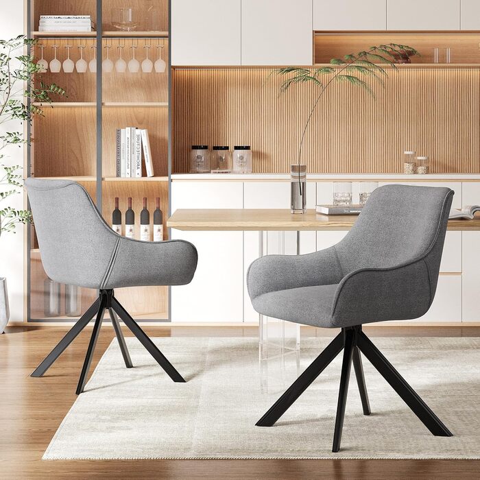 Обідні стільці поворотні, комплект 2 шт. з підлокітниками, світло-сірий льон. Сучасні поворотні стільці для кухні, вітальні, офісу. Металевий каркас, м'яке сидіння, підходить для їдальні, вітальні, офісу, колір: коричневий.