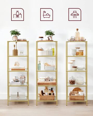 Регал VASAGLE з 5 полицями для ванної, вітальні, кухні, офісу. Скляна полиця, металевий каркас, проста збірка, 40B x 124,5H см.