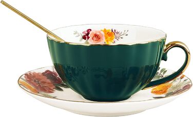 Набір чашок і блюдців fanquare об'ємом 200 мл для 1 людини, керамічна чашка з золотим обідком, порцеляновий кавовий кухоль з ложечкою, темно-зелений темно-зелений з квітковим візерунком