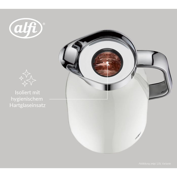 Термос Alfi SKYLINE 1,5л, кокосовий білий матовий, з нержавіючої сталі, з гігієнічним скляним вкладишем, з поворотним кришкою та зручною кнопкою, ергономічна ручка, для однієї руки, ідеальний як кавоварка 1500 мл Coconut White Mat