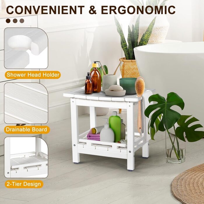 Двоярусний душовий стілець NALONE з HDPE, сучасний дизайн, антиковзні накладки, ергономічний та водонепроникний квадратний стілець для душу