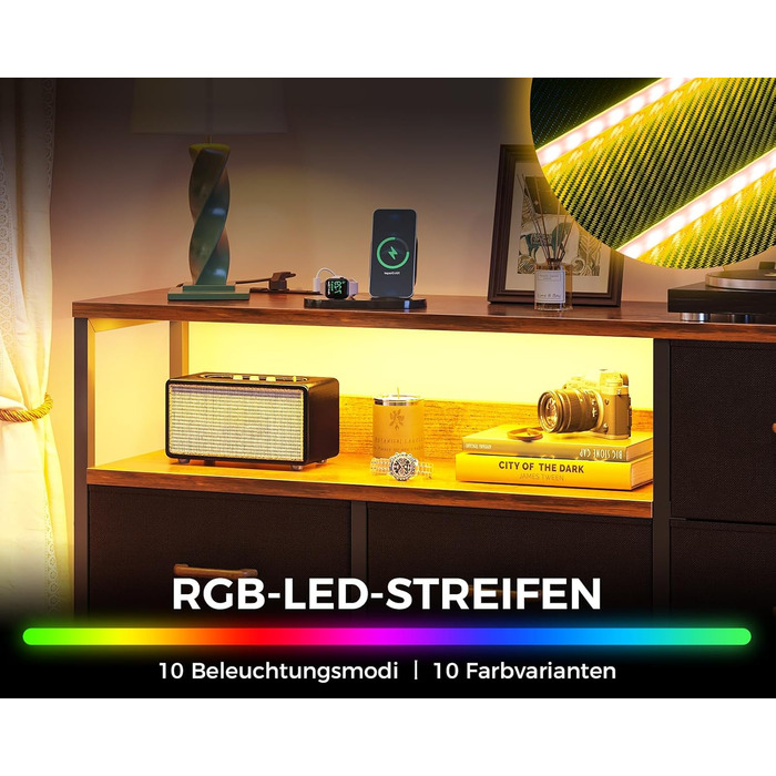 Комод Coleshome з висувними ящиками, LED-підсвічуванням, 2 USB-портами та розетками, 7 тканинних ящики, 132*30*89 см (Ретро колір)