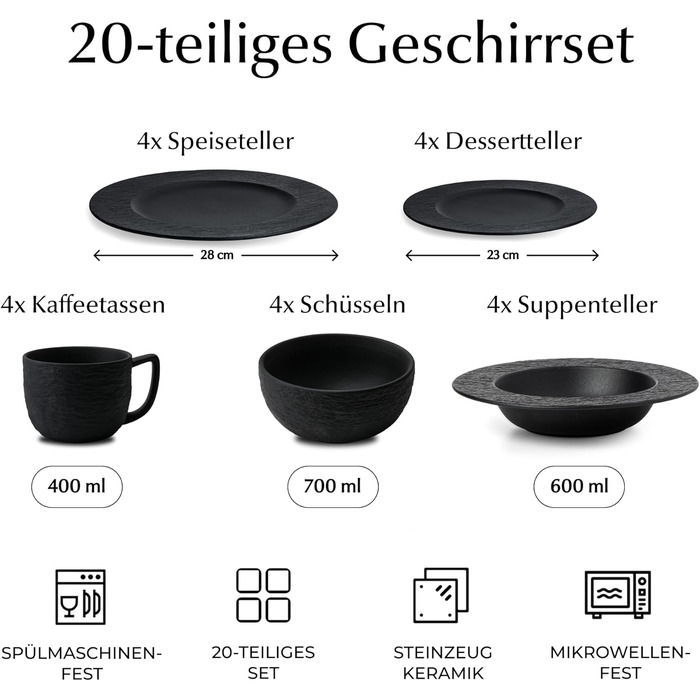 MIAMIO Набір посуду 20 предметів / Сучасний керамічний посуд / Сервіз для 4 осіб - Колекція Oasis (Чорний, 20 шт.) / Чорний посудовий набір (20 шт.)