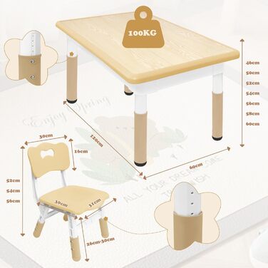 Дитячий стіл зі стільцями (2 шт.) 80x60 см, регульована висота, для дитячого садка, ідеально для ігор, малювання та розмальовування. Легко миється. Набір столу та стільців для дітей від 2 років (Бежевий)