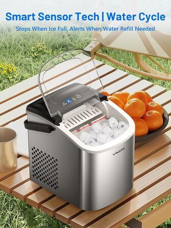 VINATO Льодогенератор портативний для дому та офісу, 12 кг/24 год, срібний. Швидке виробництво льоду (6-8 хв), з лопаткою та кошиком.