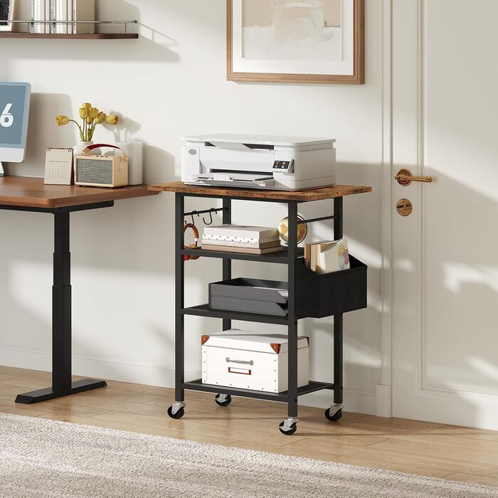 Трирівневий стіл для принтера, роликовий контейнер, стійка для принтера, полиця для зберігання, в індустріальному стилі, з бічною кишенею, дерев'яна полиця, 2 S-гачки, для домашнього офісу, рустикально-коричневий та чорний, APTHR2501 (50 x 40 x 81,5 см)