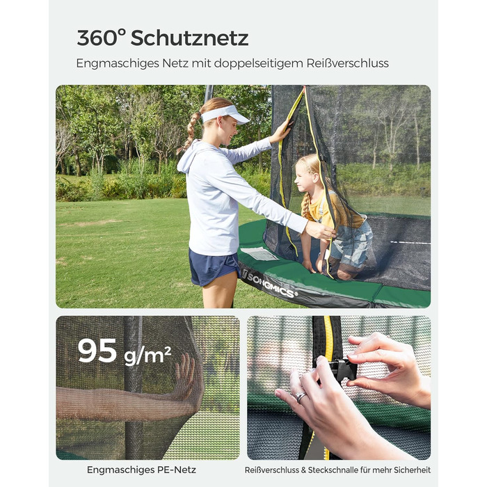 Батут SONGMICS садовий Ø366 см з захисною сіткою, драбиною та м'якими стійками, чорно-зелений
