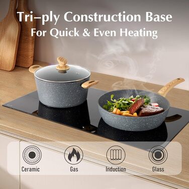 Набір посуду MAISON ARTS 12 предметів: каструлі та сковороди з антипригарним покриттям, гранітне покриття, для індукції, плити, сірий