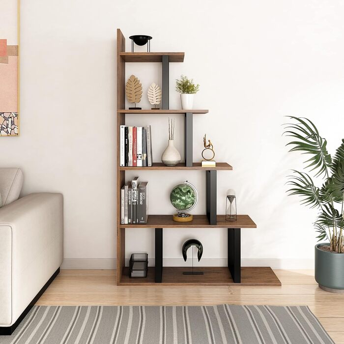 Стильна полиця YITAHOME з 5 полицями, L-подібної форми, чорно-коричневого кольору, для вітальні, спальні, офісу