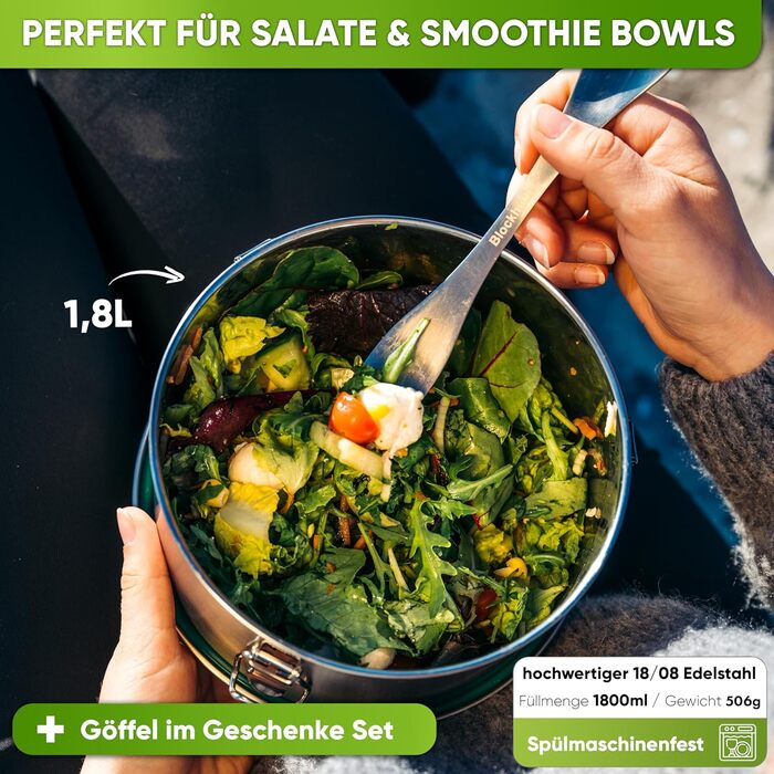 Преміум ланчбокс з нержавіючої сталі для дітей, 780 мл, з ложкою та 2 ущільнювачами, витримує температуру, для школи, миється в посудомийній машині (1800 мл, сріблястий)