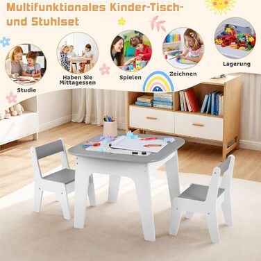 Дитячий стіл та стільці Clevich - комплект для дитячої кімнати (сірий), з місцем для зберігання та дошкою для малювання