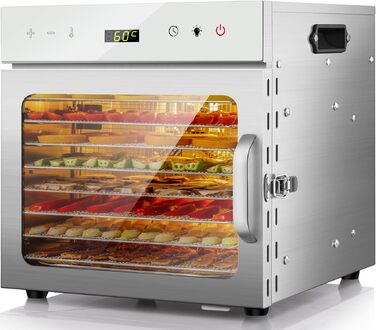 Електросушарка для овочів, м'яса та фруктів Kwasyo з нержавіючої сталі, 8 ярусів, 6 листів для сушіння, рецепти, без BPA, 30–90°C, до 24 год