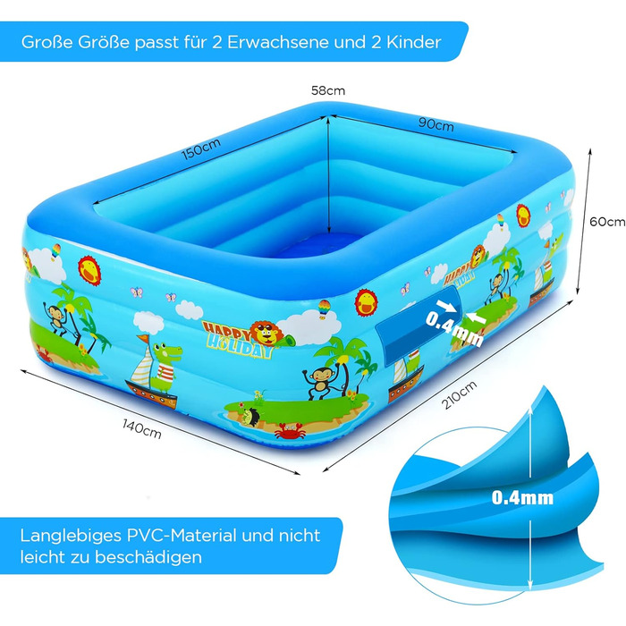 Надувний басейн, Надувний дитячий дитячий басейн з пумбою, 210 х 140 х 60 см, Великий сімейний басейн для дітей і дорослих, Басейн з надувним м'яким дном, Басейн/дитячий басейн