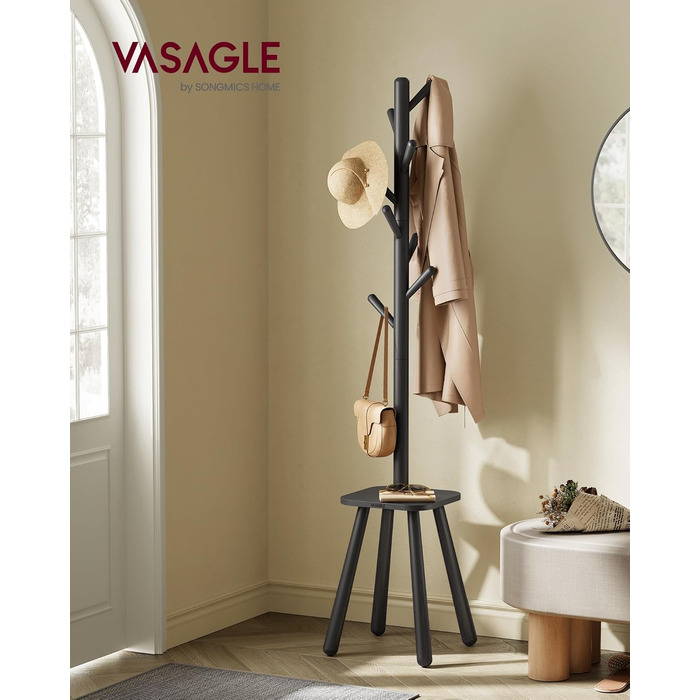 Стійка для одягу VASAGLE з 8 гачками та полицею, 170,5 см, чорний колір, RCR033B01