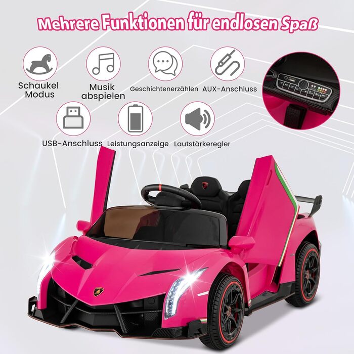 Електромобіль для дітей COSTWAY Lamborghini, рожевий, з пультом ДУ, LED-фарами, клаксоном і музикою, швидкість 3-6 км/год, дитяча машина від 3 років