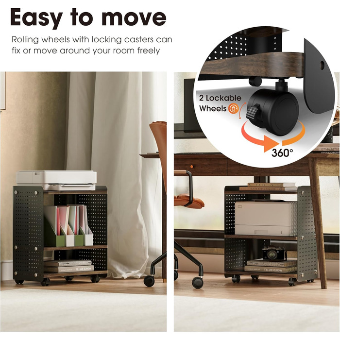 Робочий стіл для принтера Fenge з колесами, мобільний тримач для принтера з перфорованою панеллю, 3 рівні, стійка для принтера/рол-контейнер з органайзером, полиця, шафа для офісу та дому, 45,3x33,5x53,5 см (Коричневий+Чорний)