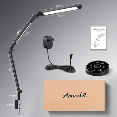 Настільна лампа AmazLit, світлодіодна, з регулюванням яскравості, затискна, 12 Вт, поворотний кронштейн, безступінчасте регулювання яскравості та температури кольору, час роботи офісної лампи