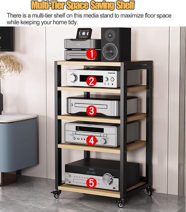 Аудіо стійка Hi-Fi, 5-поверхова AV медіа-полиця на колесах, велика місткість для стерео-компонентів, шафа для електроніки, чорна