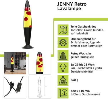 Лава-лампа 42 см/магма-лампа лава-лампа/лава-лампа фіолетово-червона/лава-лампа Дженні / G9 25 Вт / з кабельним вимикачем/подарункова ідея на Різдво/вкл. лампочку/ретро-лампа (червона, жовта, чорна)