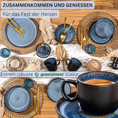 Набір чашок для еспресо SÄNGER Aruba (12 шт.) з порцеляни, 6 чашок мокко з блюдцями, блакитні чашки з чорним обідком, 80 мл, VALUE COLLECTION