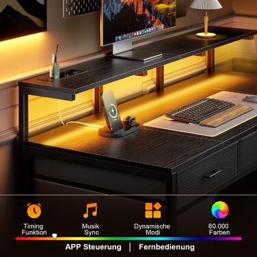 Комп'ютерний стіл з 8 висувними ящиками, 2 розетками, 2 USB-портами, LED-підсвічуванням та підставкою для монітора, 120 x 50 x 74 см (Чорний)