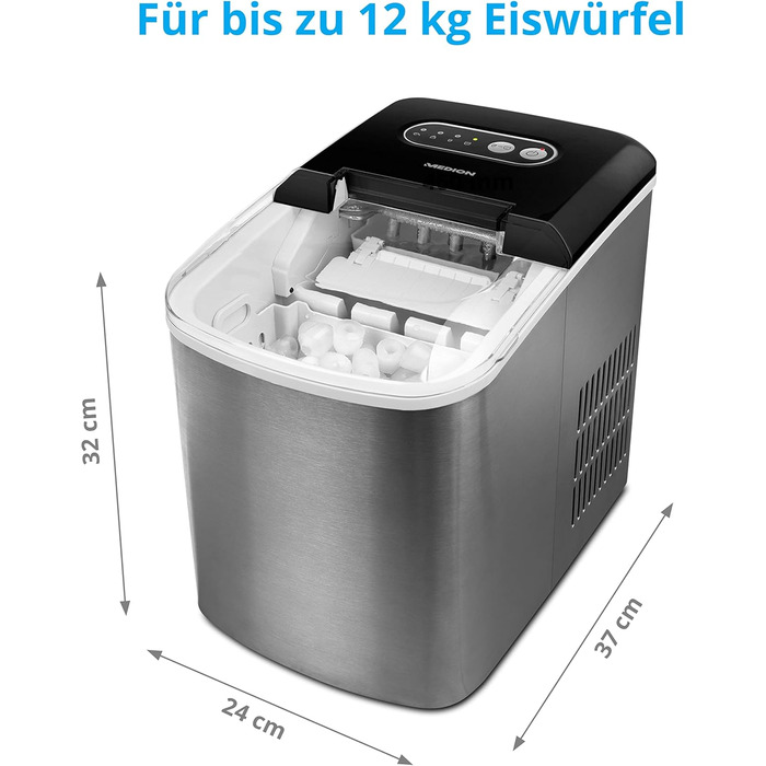 Машина для приготування кубиків льоду MEDION, 2,2 л, 6-12 хв, 2 розміри льоду, самоочисна, нержавіюча сталь, 12 кг, MD17739
