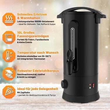 Глювайнер Cecaylie 10L: Електричний диспенсер для глінтвейну з нержавіючої сталі, з термостатом, краном та індикатором рівня, чорний
