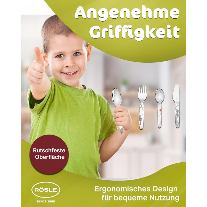 Набір дитячого посуду RÖSLE Kinderbesteck – 4 предмети з нержавіючої сталі 18/10, для дітей від 3 років, безпечний, можна мити в посудомийній машині, чудовий подарунок на хрещення, дизайн 'Маленький робот'