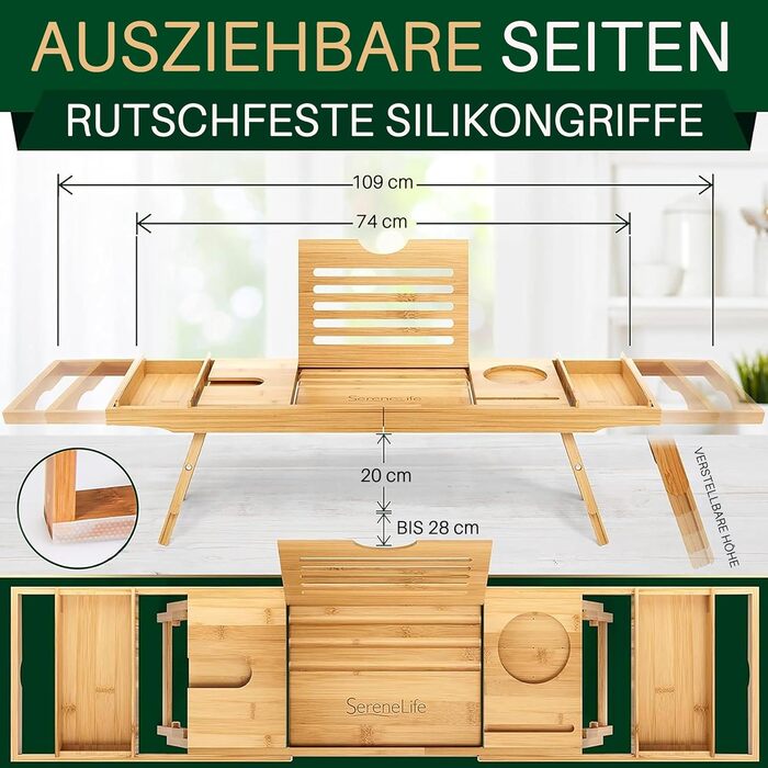 Підставка для ванни та ліжка SereneLife 2-в-1 – складане піднос для сніданку в ліжку та ванній з бамбука, водовідштовхувальний, регульований розмір – дерев'яна підставка для ванни, міцна спинка (складний, міцна спинка, подарунковий набір)