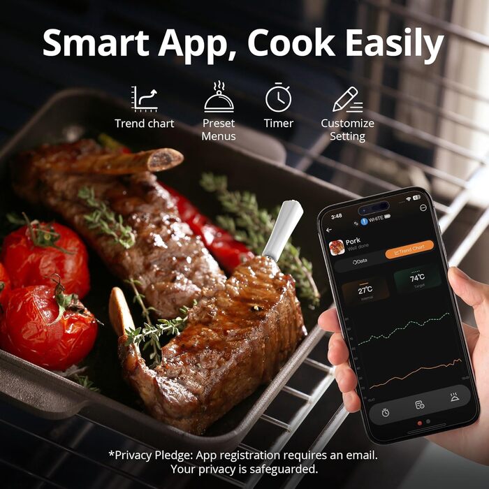 Бездротовий термометр для м'яса з Bluetooth, 100 м, розумні рецепти, LED-дисплей, для приготування їжі, кухні, BBQ, грилю