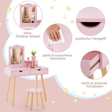 Дитячий туалетний столик COSTWAY 2-в-1 зі стільчиком та дзеркалом, з 2 шухлядами, гребінцем, для дівчаток 3-7 років (Рожевий)