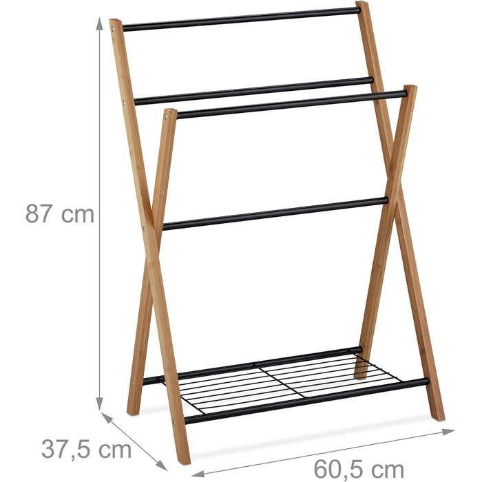 Рушникосушка Relaxdays, 4 шт. анги, полиця для ванної кімнати, металевий/бамбук, 87x60.5x37.5 см, чорний/натуральний