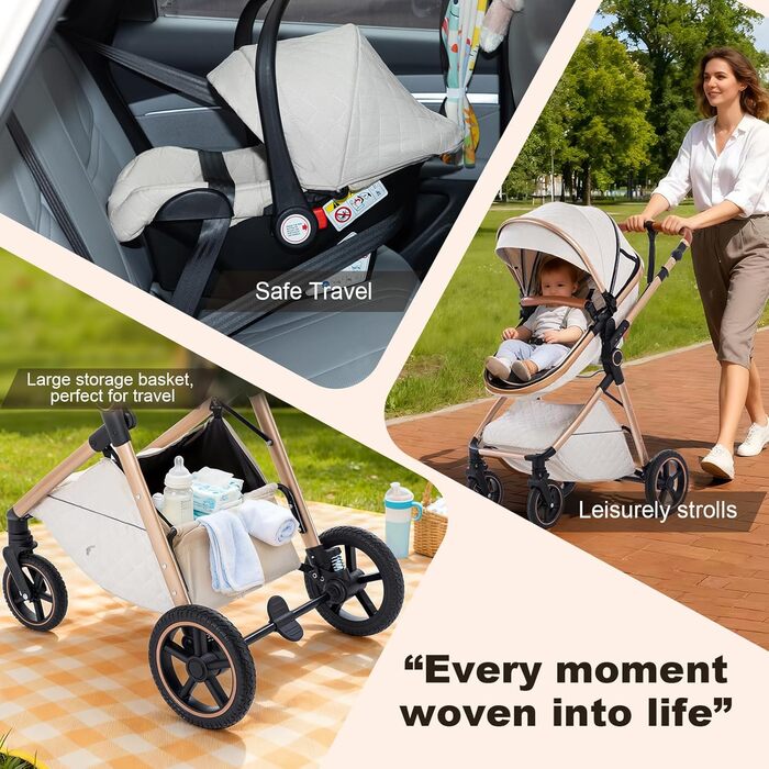 Дитяча коляска Zkipm 3 в 1, комплект з люлькою, автокріслом, складається, прогулянка, регулювання положення, великий капюшон, до 15 кг, 0-3 роки (8-V8-Кара-Коричнева)