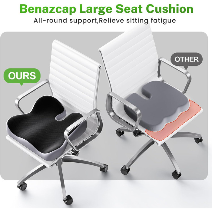 Ортопедична подушка для сидіння Benazcap з Memory Foam для офісного крісла, автомобіля, інвалідного візка. Зменшує біль у куприку. Чорний/Сірий колір