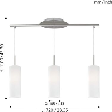 Підвісний світильник EGLO Troy 3, підвісний світильник 1 полум'я, матеріал сталь, колір матовий нікель, скло сатинований білий, цоколь E27, Ø 10,5 см (підвісний світильник 3 полум'я)