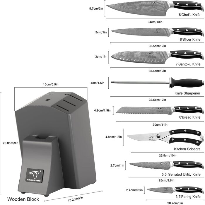 Набір кухонних ножів NANFANG BROTHERS 9 предметів з дамаської сталі, з дерев'яним блоком, нержавіюча сталь, сірий