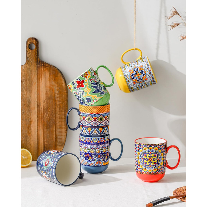 Набір чашок для капучино HENXFEN: 6 чашок з порцеляни, 600 мл, з ручкою, для кави, чаю, молока, богемний стиль