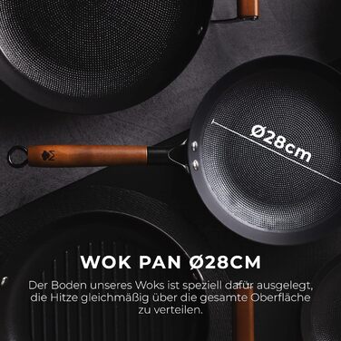 Сковорода для вок з антипригарним покриттям 24 x 44 x 7,5 см / з пресованого заліза / ергономічна ручка з дерева акації / кухонна плита