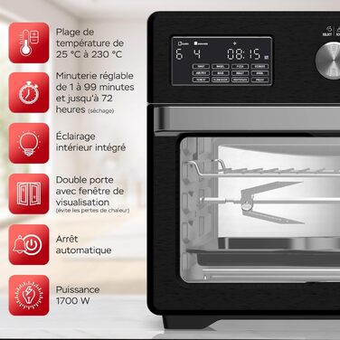 TurboTronic Цифровий Конвекційний Духовий Шовкопряд - XXL 32 літри з поворотним шампуром для курки 5 в 1 Міні-духовка, сушарка та фритюрниця Airfryer від 25°C (Чорний)